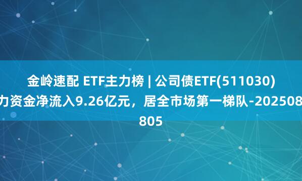 金岭速配 ETF主力榜 | 公司债ETF(511030)主力资金净流入9.26亿元，居全市场第一梯队-20250805